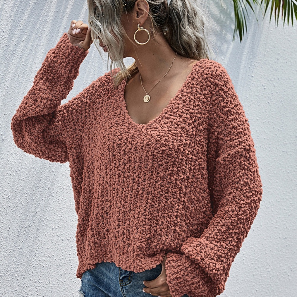 oversized dusty blue off shoulder popcorn sweater - Picture 5 of 14